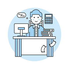 Vector illustration of an accountant sitting at a desk with a computer, calculator, and files. Represents finance, bookkeeping, tax calculation, and office accounting tasks.