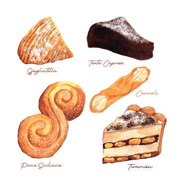 Watercolor Illustration of Italian Desserts: Cannoli, Tiramisu, Sfogliatelle, Torta Caprese, Pane Siciliano. Hand-painted in soft tones, for culinary designs, cookbooks, and food-themed banner