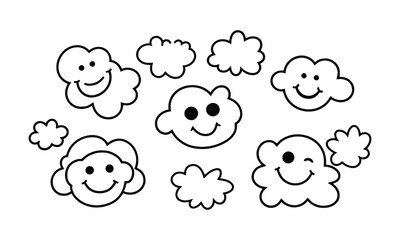 Modern vector illustration featuring playful doodles, fluffy clouds, and oval smiley faces, a heart-shaped smiley, and a simple flower, easily editable.