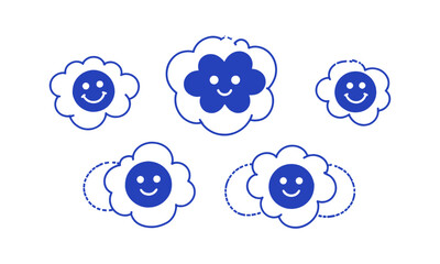 Modern vector illustration featuring playful doodles, fluffy clouds, and oval smiley faces, a heart-shaped smiley, and a simple flower, easily editable.