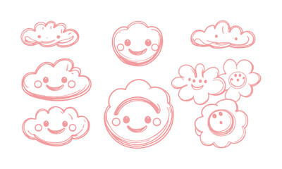 Modern vector illustration featuring playful doodles, fluffy clouds, and oval smiley faces, a heart-shaped smiley, and a simple flower, easily editable.
