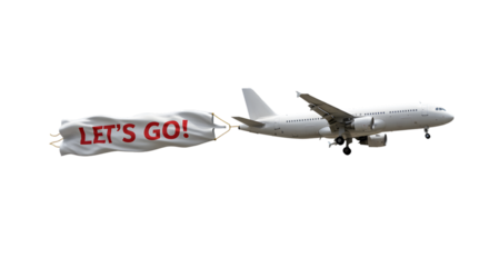White plane with Lets Go banner flying against a black backdrop