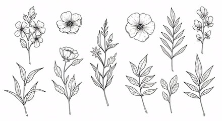 Elegant Line Art Floral Illustrations Flowers, Leaves & Botanical Elements