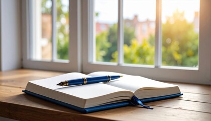 An open book with a pen resting on it, illuminated by sunlight through a window, showcasing a tranquil reading space