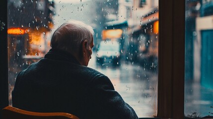 Contemplative Elderly Man Watching Rain From Window, City Background