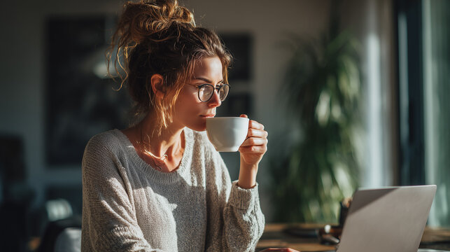A woman working remotely from home while drinking coffee. Represents modern lifestyle, productivity, and comfort in a relaxed work environment.