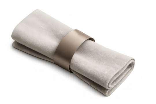 Elegant folded beige napkin with a sleek metal ring, perfect for adding a touch of sophistication to table settings, isolated on a transparent background