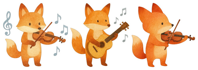 Fototapeta premium PNG Cute foxes playing instruments, element set on transparent background