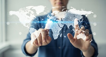 Global network connection concept: Woman interacting with a futuristic world map interface, symbolizing worldwide communication, business expansion, and international collaboration.