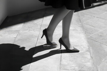 High-heeled shoes on a paved surface.