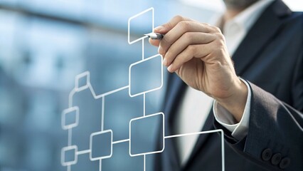 Close Up of Business Hand Holding Transparent Flowchart Graph Suitable for Digital Strategy Concepts