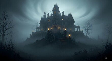 A dark, gothic castle silhouette rises against the night sky, nestled in a forest, overlooking a European city skyline