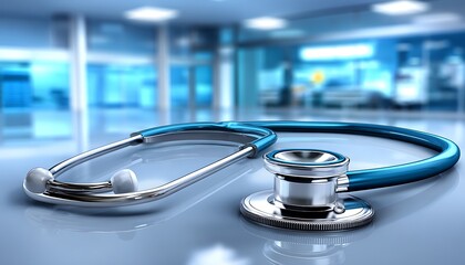 Stethoscope on a reflective surface in a blurred hospital background