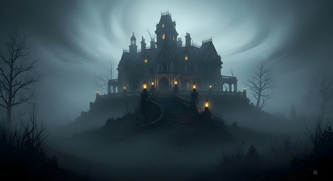 A dark, gothic castle silhouette rises against the night sky, nestled in a forest, overlooking a European city skyline