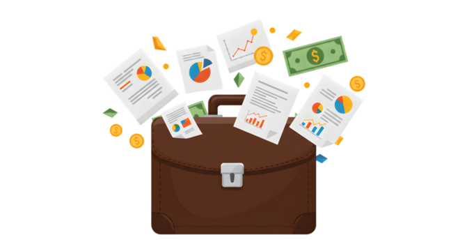 Brown briefcase with floating money and documents with pie charts and bar graphs on a black background