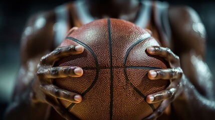 Basketball player holding ball on court, close-up view of hands and texture of basketball