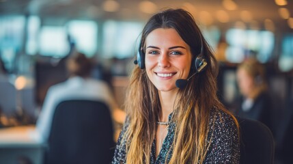 Call center woman smiling with headset, professional customer service setting, bright office lighting, online support theme