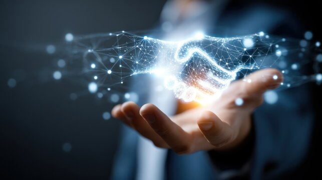 Businessman holding out his palm with a glowing digital handshake icon hovering above, close-up on confident eyes and extended fingers, overlay of smart procurement dashboard, 