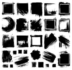 Black vector rough edge rectangles. Grunge square frames set. Jagged edge torn paper background collection. Paint brush strokes. Grungy distressed text boxes. Transparent PNG version.