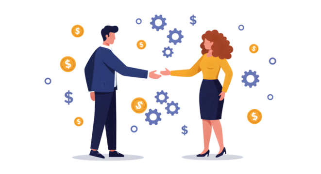 Cartoon two business people shaking hands surrounded by coins and gears - Powered by Adobe