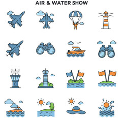 Air and water show icons: jets, boats, parachutist, lighthouses, and binoculars.