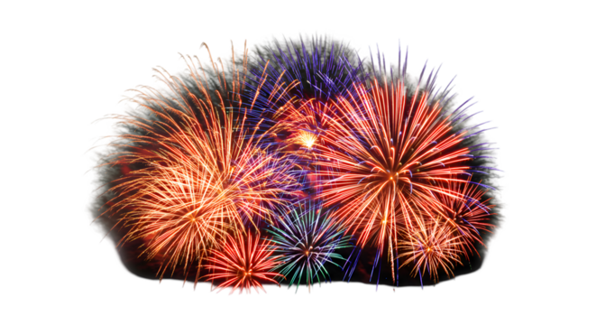 Colorful fireworks burst in a dark sky creating radial patterns