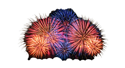Fireworks display with vibrant blue red and gold bursts against a black background