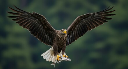 Obraz premium Eagle in flight with fish prey