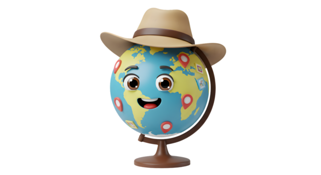Globe with cartoon face red map pins a brown hat  stand