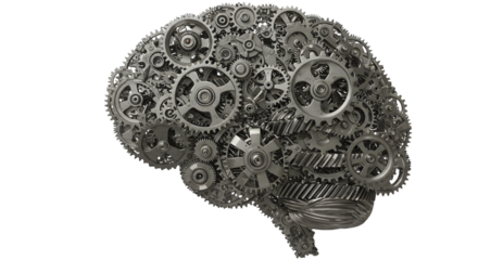 Gray mechanical brain made of gears cogs and metallic parts on a black background