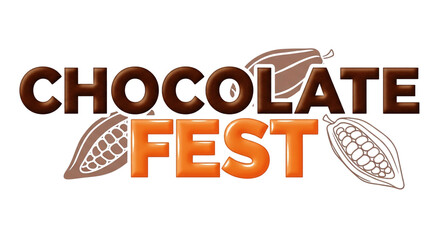 Eye-catching "Chocolate Fest" logo with stylized cacao pods, perfect for promoting gourmet food festivals, confectionery events, dessert fairs, and sweet treat advertisements.