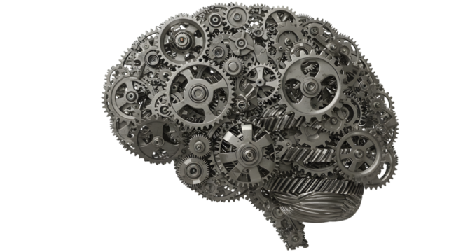Gray mechanical brain made of gears cogs and metallic parts on a black background