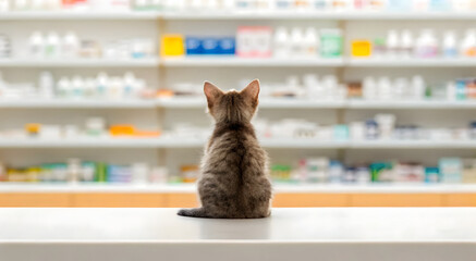 Kitten sitting near the clinic counter, observing the organized shelves filled with pet care products and veterinary tools