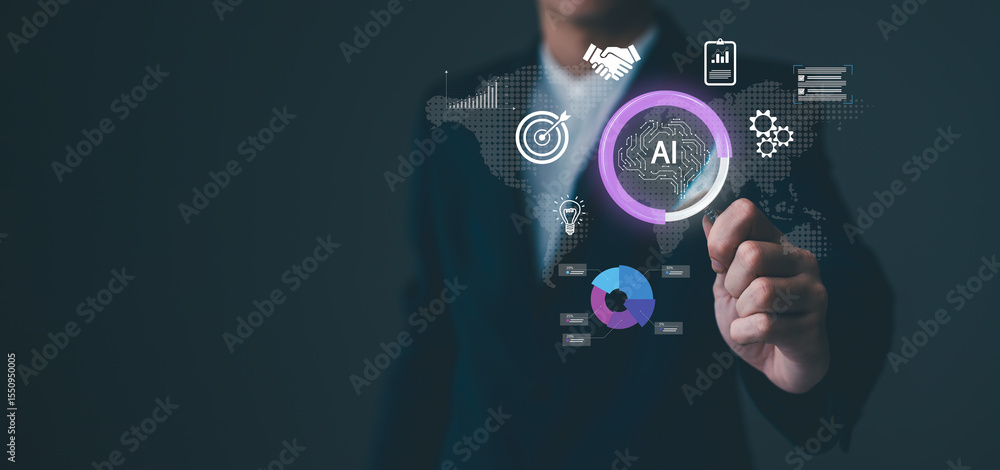 Poster a business professional interacts with a digital interface displaying ai, data charts, and global co