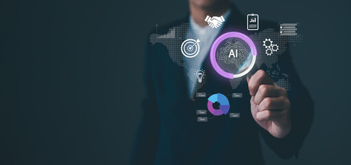 A business professional interacts with a digital interface displaying AI, data charts, and global connectivity icons over a world map.