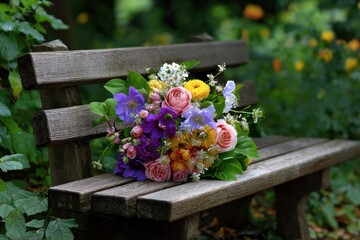 Naklejka premium A bouquet of colorful flowers rests on a weathered wooden park bench surrounded by lush green foliage in a natural setting