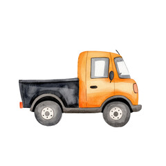 Fototapeta premium Cute Watercolor Illustration of a Black Pickup Truck in Orange Color with Detailed Design Features