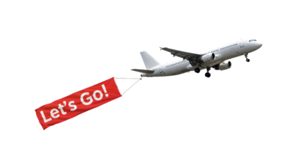 White airplane with a red banner that says Lets Go flying across a black background