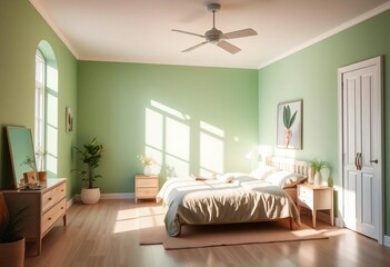 Pastel green wall, sunlit bedroom, bright airy space,  home decor,  furniture