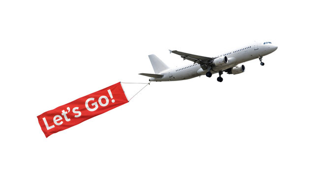 White airplane with a red banner that says Lets Go flying across a black background