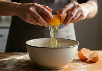 Hands Carefully Cracking an Egg Over a Mixing Bowl