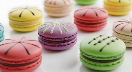 Obraz premium Colorful macarons french dessert assortment delicious pastries sweet treats confectionery shop