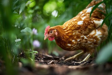 A brown and white chicken is foraging among leaves and foliage in soft focus