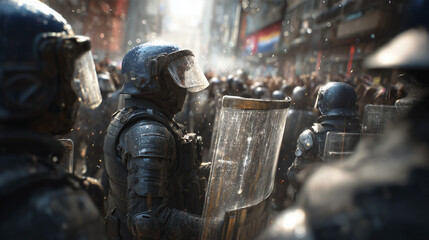 Riot police standing in formation during a protest. Depicts law enforcement presence, crowd control, tension, and public demonstration in an urban setting.
