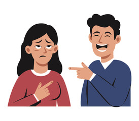 Flat vector art of a happy man pointing and laughing at a disappointed woman, representing teasing, contrast, or social emotion
