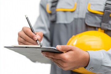 Construction Worker Taking Notes on Safety Checklist at Job Site Professional Environment Close-Up Perspective