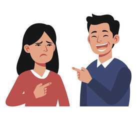 Fototapeta premium Flat vector art of a happy man pointing and laughing at a disappointed woman, representing teasing, contrast, or social emotion