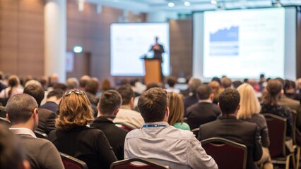 Business Conference: A sea of attendees, captivated by a presenter, gather in a brightly lit conference hall, their collective focus on the presentation and sharing knowledge.
