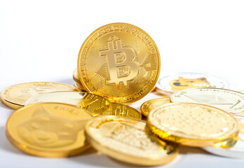 Close up of some crypto currency coins, isolated on white background. Cryptocurrency is one of the modern digital exchange tools for today's global society.