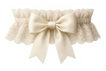 White lace wedding garter with satin bow isolated on transparent background, perfect for bridal accessories